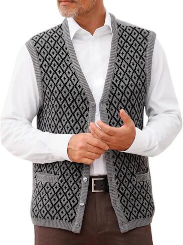 Runcati Mens Sleeveless Sweater Vest V Neck Button Down Cardigan Sweaters Knitted Argyle Vest with Pocket in Kuwait