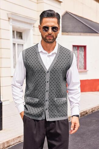 Runcati Mens Sleeveless Sweater Vest V Neck Button Down Cardigan Sweaters Knitted Argyle Vest with Pocket in Kuwait