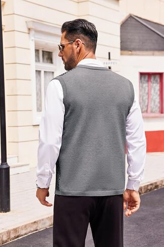 Runcati Mens Sleeveless Sweater Vest V Neck Button Down Cardigan Sweaters Knitted Argyle Vest with Pocket in Kuwait