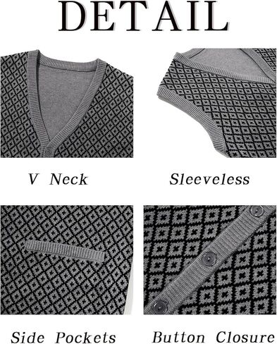 Runcati Mens Sleeveless Sweater Vest V Neck Button Down Cardigan Sweaters Knitted Argyle Vest with Pocket in Kuwait