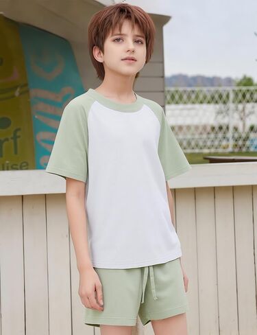 Flygo Boys Girls Short Pants Sets 2 Piece Raglan Crewneck Shirts Baseball Tee and Athletic Shorts Kids Active Summer Outfits in Saudi Arabia