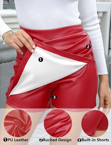 Women's 2 in 1 Pleated Leather Shorts Dressy Casual Ruched Wrap Trendy Asymmetrical Skirt Faux PU Mini Skort in Kuwait