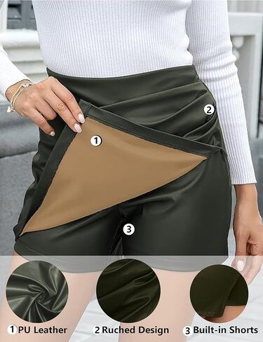Women's 2 in 1 Pleated Leather Shorts Dressy Casual Ruched Wrap Trendy Asymmetrical Skirt Faux PU Mini Skort in Kuwait