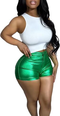Tbahhir Women's Leather Shorts Metallic High Waisted Rave Short Shiny Hot Pants Solid Party Club Night in Saudi Arabia