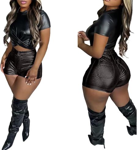 Tbahhir Women's Leather Shorts Metallic High Waisted Rave Short Shiny Hot Pants Solid Party Club Night in Saudi Arabia