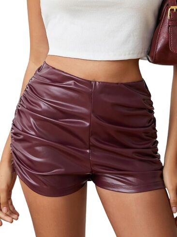 Milumia Women's Ruched Faux Leather Mini Shorts High Waist Sexy Going Out Rave Shorts in Kuwait