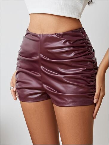 Milumia Women's Ruched Faux Leather Mini Shorts High Waist Sexy Going Out Rave Shorts in Kuwait