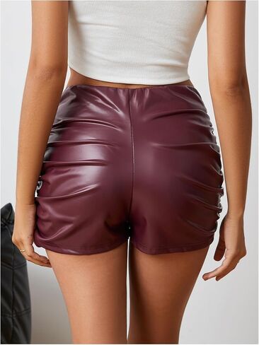Milumia Women's Ruched Faux Leather Mini Shorts High Waist Sexy Going Out Rave Shorts in Kuwait