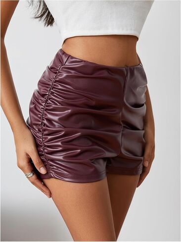Milumia Women's Ruched Faux Leather Mini Shorts High Waist Sexy Going Out Rave Shorts in Kuwait