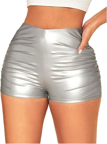Milumia Women's Ruched Faux Leather Mini Shorts High Waist Sexy Going Out Rave Shorts in Kuwait