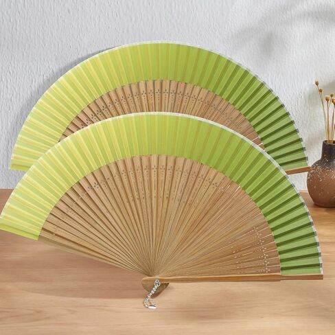 FoDau770 Classical Folding Fans, 2 Pieces Bamboo Handheld Fans, Gradient Green Silk Hand Fan with Tassel for Cosplay, Dancing, Decoration, Party in Kuwait