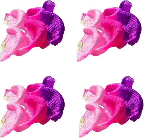 Belly Dance Faux Silk Veil Fans,4 Pairs Long Fans Veils,Artificial Silk Fan,Long Folding Fans,Handmade Belly Dance Silk Fans for Dancer Art Performance in Kuwait