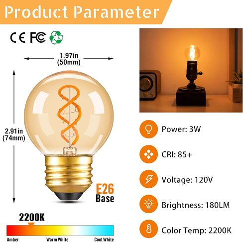 لمبة إضاءة كهرمانية قابلة للتعتيم E26 لمبة إديسون LED، G16.5/G50 لمبة إضاءة ليلية كهرمانية ذات خيوط كروية صغيرة 4 وات (ما يعادل 40 وات)، AC120V أبيض دافئ 2200 كيلو 350 لومن، مصابيح زخرفية للغرور، قطعتان in Saudi Arabia