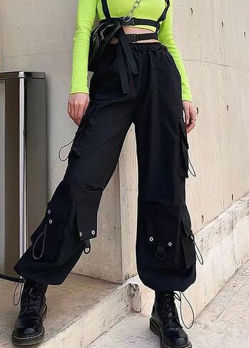 Womens Gothic Pants High Waisted Baggy Cargo Pants Harajuku Y2k Street Loose Punk Pants with Chain in Kuwait