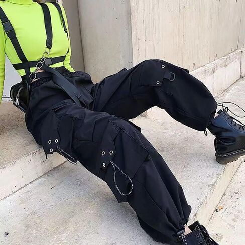 Womens Gothic Pants High Waisted Baggy Cargo Pants Harajuku Y2k Street Loose Punk Pants with Chain in Kuwait