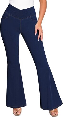 Pink Queen Bell Bottom Jeans for Women Crossover High Waisted Stretchy Denim Leggings Tummy Control Flare Pants with Pockets in Kuwait
