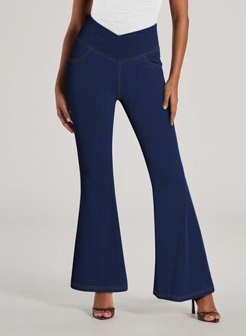 Pink Queen Bell Bottom Jeans for Women Crossover High Waisted Stretchy Denim Leggings Tummy Control Flare Pants with Pockets in Kuwait