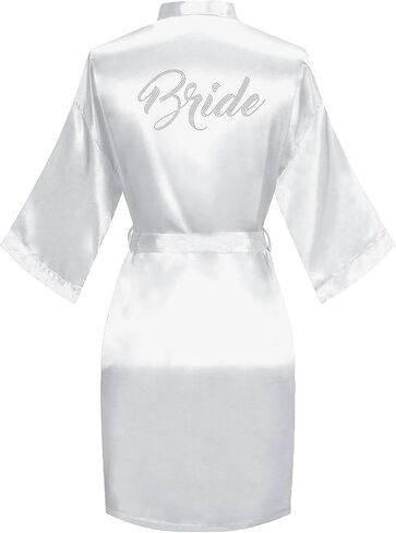 Women's Satin Robe Bride Bridesmaid Short Kimono Robes with Silver Rhinestones for Wedding Party Getting Ready in Saudi Arabia