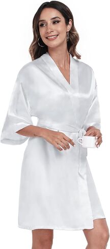 Women's Satin Robe Bride Bridesmaid Short Kimono Robes with Silver Rhinestones for Wedding Party Getting Ready in Saudi Arabia