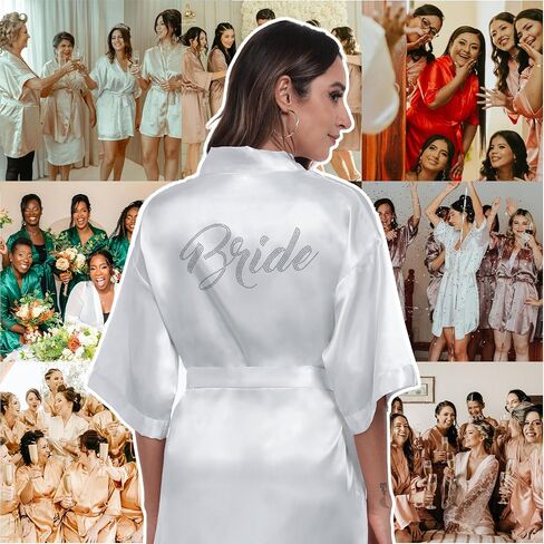 Women's Satin Robe Bride Bridesmaid Short Kimono Robes with Silver Rhinestones for Wedding Party Getting Ready in Saudi Arabia