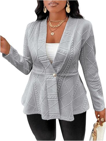 Milumia Women's Plus Size Textured Button Down Blazer V Neck Ruffle Hem Jacket in Kuwait