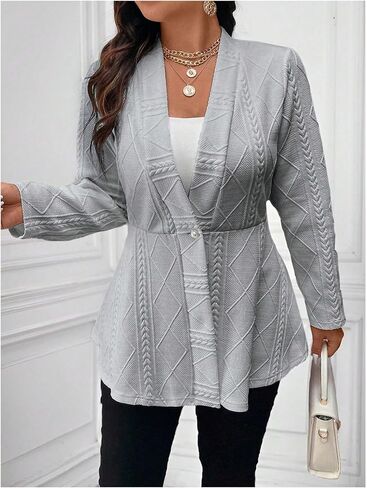 Milumia Women's Plus Size Textured Button Down Blazer V Neck Ruffle Hem Jacket in Kuwait