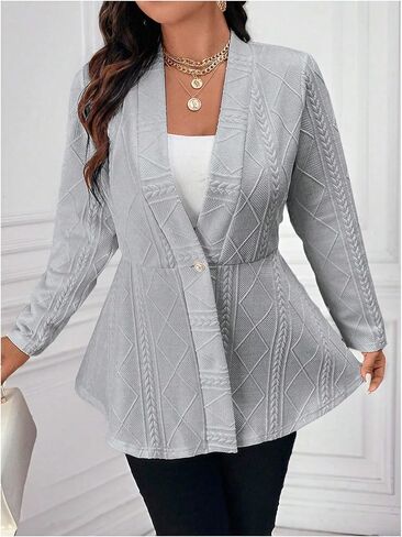 Milumia Women's Plus Size Textured Button Down Blazer V Neck Ruffle Hem Jacket in Kuwait