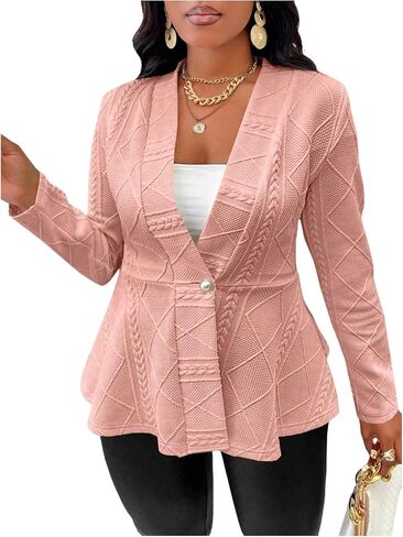 Milumia Women's Plus Size Textured Button Down Blazer V Neck Ruffle Hem Jacket in Kuwait