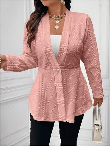 Milumia Women's Plus Size Textured Button Down Blazer V Neck Ruffle Hem Jacket in Kuwait