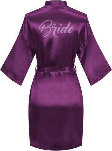 Women's Satin Robe Bride Bridesmaid Short Kimono Robes with Silver Rhinestones for Wedding Party Getting Ready in Saudi Arabia