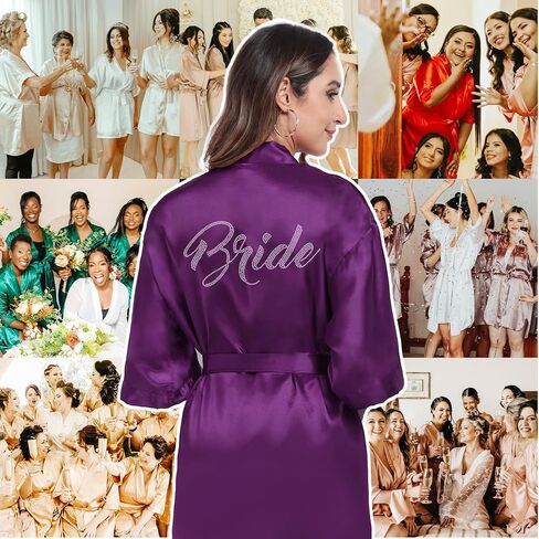 Women's Satin Robe Bride Bridesmaid Short Kimono Robes with Silver Rhinestones for Wedding Party Getting Ready in Saudi Arabia