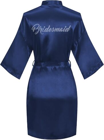 Women's Satin Robe Bride Bridesmaid Short Kimono Robes with Silver Rhinestones for Wedding Party Getting Ready in Saudi Arabia