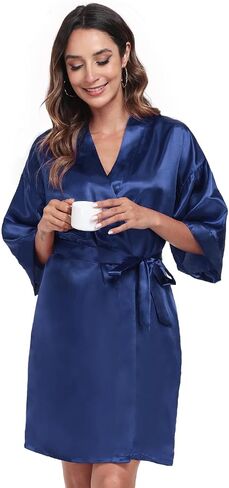 Women's Satin Robe Bride Bridesmaid Short Kimono Robes with Silver Rhinestones for Wedding Party Getting Ready in Saudi Arabia