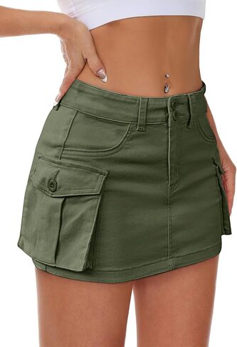 Women Denim Cargo Skirt Mini Low Waist Button Bodycon Y2K Flap Pockets Skirts in Kuwait