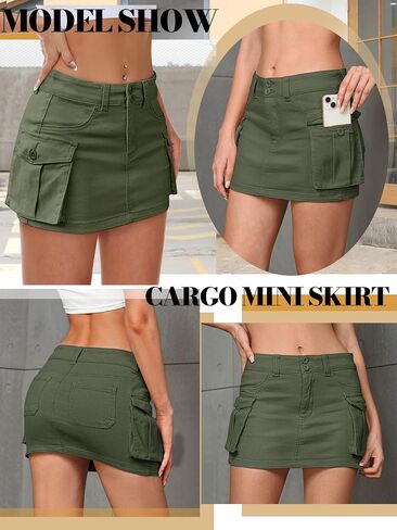 Women Denim Cargo Skirt Mini Low Waist Button Bodycon Y2K Flap Pockets Skirts in Kuwait