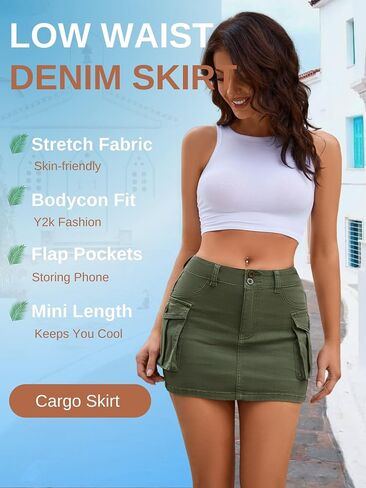 Women Denim Cargo Skirt Mini Low Waist Button Bodycon Y2K Flap Pockets Skirts in Kuwait