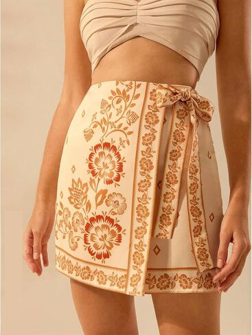 Womens Summer Floral Wrap Short Skirt Tie Side High Waist A Line Beach Vacation Boho Mini Skirt in Kuwait