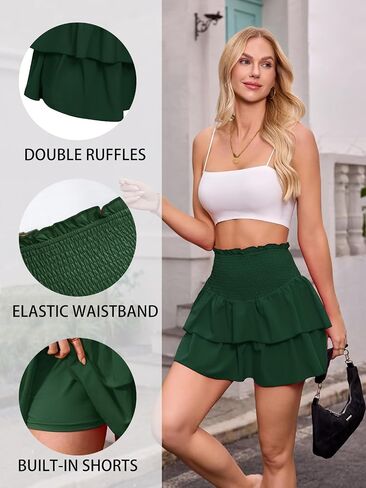 ANRILITA Mini Skirts for Women High Waist Ruffle Cute Flowy Skirt Casual Layered Skort with Shorts in Saudi Arabia