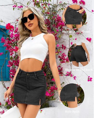 We1Fit Skorts for Women High Waisted Trendy Denim Mini Skirt Side Slit Jean Shorts Stretchy Skirts in Kuwait