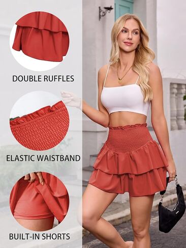 ANRILITA Mini Skirts for Women High Waist Ruffle Cute Flowy Skirt Casual Layered Skort with Shorts in Saudi Arabia