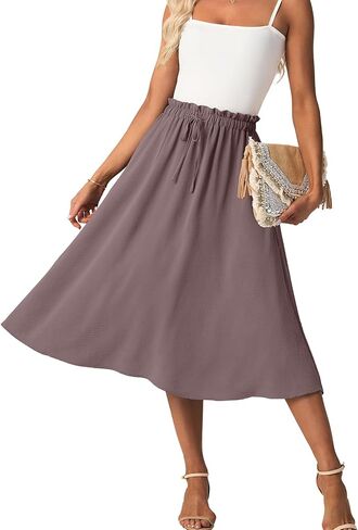 نساء مسبب عالي الخصر الصيف تنانير ميدي تدفق القصر A-LINE LINE مع جيوب in Kuwait