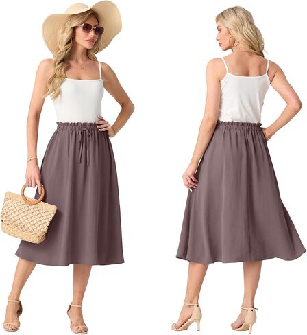 نساء مسبب عالي الخصر الصيف تنانير ميدي تدفق القصر A-LINE LINE مع جيوب in Kuwait