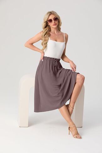 نساء مسبب عالي الخصر الصيف تنانير ميدي تدفق القصر A-LINE LINE مع جيوب in Kuwait