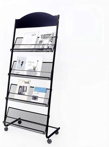 Floor Standing Magazine Rack,The Wheels with Locking 4 Tier Document Display Rack for Exhibition Office Shopping Mall Waiting Room and Other Places （BLACK in Saudi Arabia