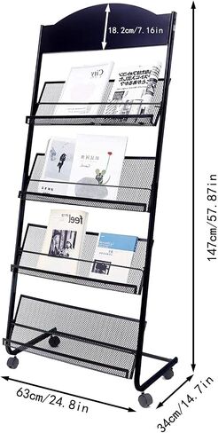 Floor Standing Magazine Rack,The Wheels with Locking 4 Tier Document Display Rack for Exhibition Office Shopping Mall Waiting Room and Other Places （BLACK in Saudi Arabia
