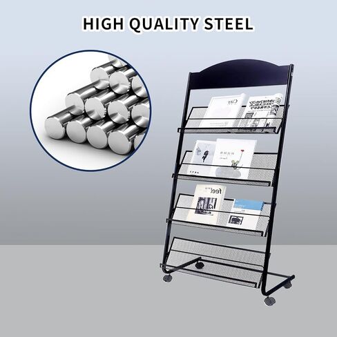 Floor Standing Magazine Rack,The Wheels with Locking 4 Tier Document Display Rack for Exhibition Office Shopping Mall Waiting Room and Other Places （BLACK in Saudi Arabia