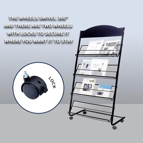 Floor Standing Magazine Rack,The Wheels with Locking 4 Tier Document Display Rack for Exhibition Office Shopping Mall Waiting Room and Other Places （BLACK in Saudi Arabia