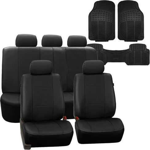 FH Group Car Seat Cover Black Full Set Deluxe Leatherette Protector Interior Accessories Universal Fit Full Set - Airbag Compatible and Split Bench Automotive Seat Covers Combo Vinyl Floor Mats in Saudi Arabia