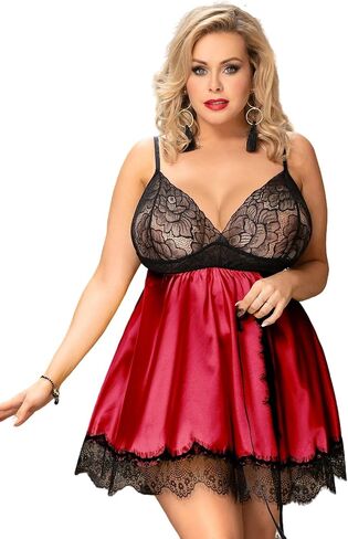 ohyeah Satin Slip V-Neck Lace Babydoll Crotchless Teddy Dress Sexy Valentines Lingerie Set for Women Silk Chemise Nightgown in Saudi Arabia