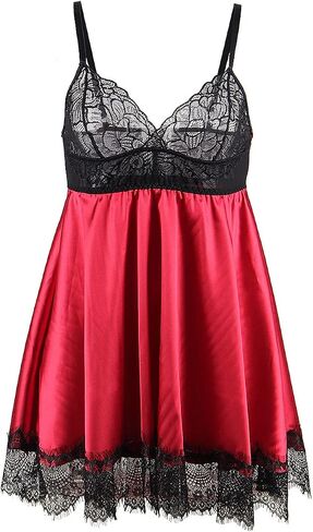 ohyeah Satin Slip V-Neck Lace Babydoll Crotchless Teddy Dress Sexy Valentines Lingerie Set for Women Silk Chemise Nightgown in Saudi Arabia